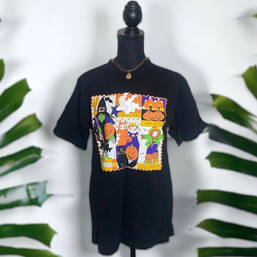 80s Womens Vintage Black Witch Cat Pumpkin Halloween Patchwork T Shirt Size M